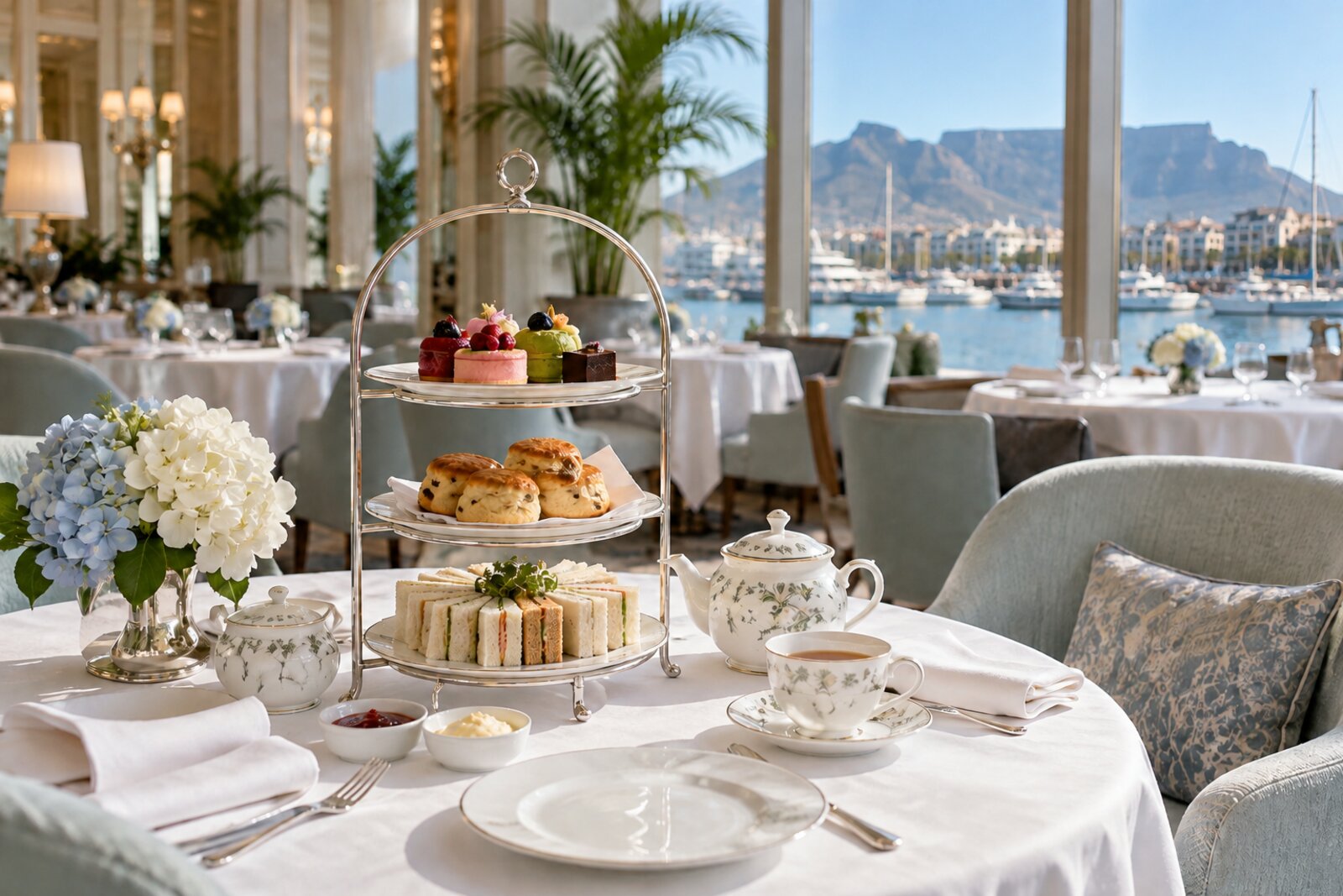 Afternoon tea laid out at Flint & Fennel in the InterContinental Table Bay, V&A Waterfront, Cape Town