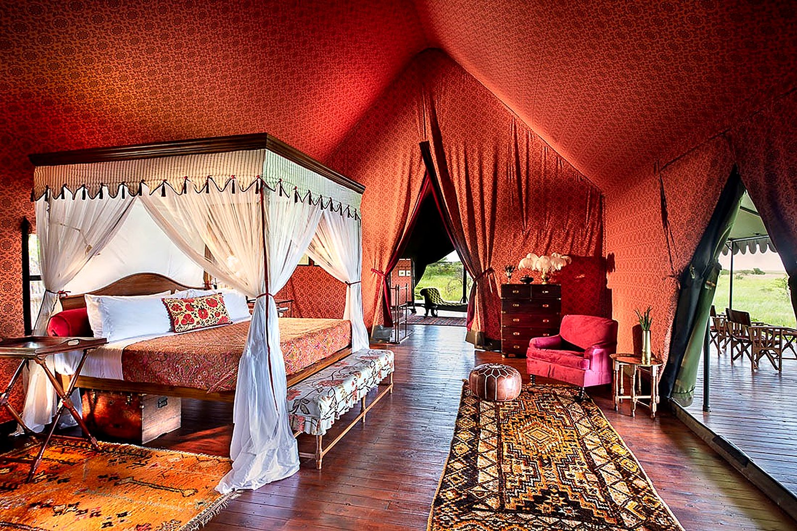 A heritage tent bedroom with vintage furnishings at Jack's Camp on the Makgadikgadi Pans, Botswana