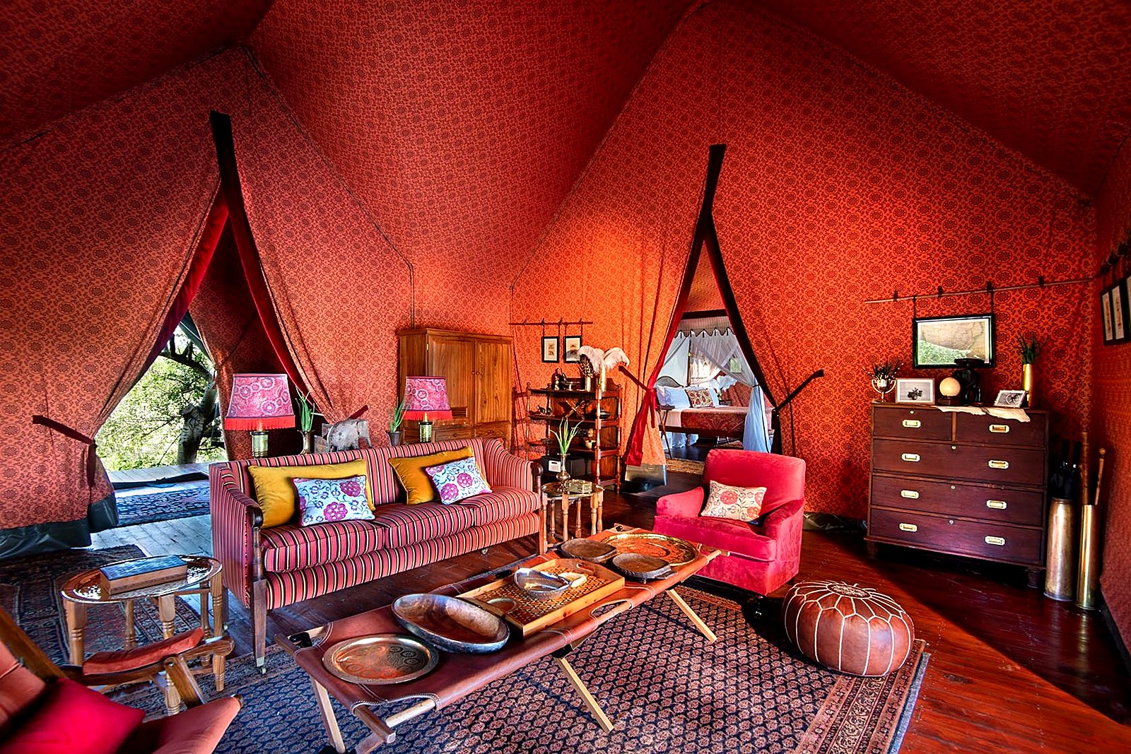 The tea-tent lounge filled with campaign antiques at Jack's Camp, Botswana