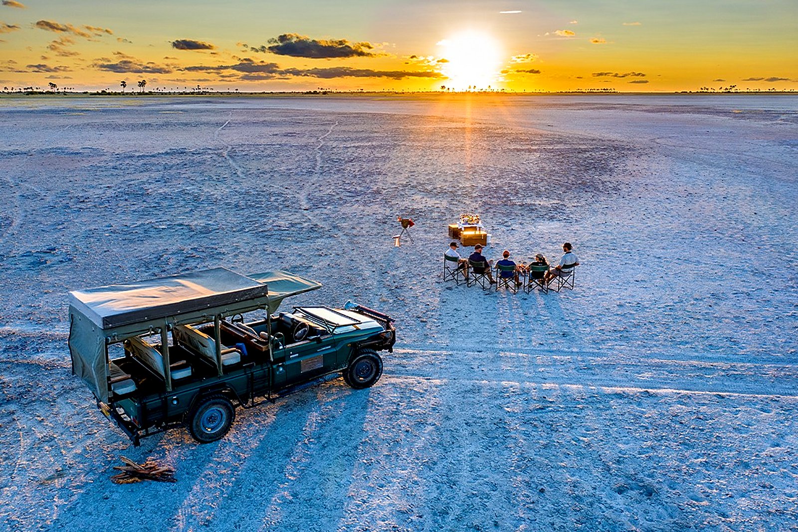 Dining set out on the Makgadikgadi salt pans at Jack's Camp, Botswana