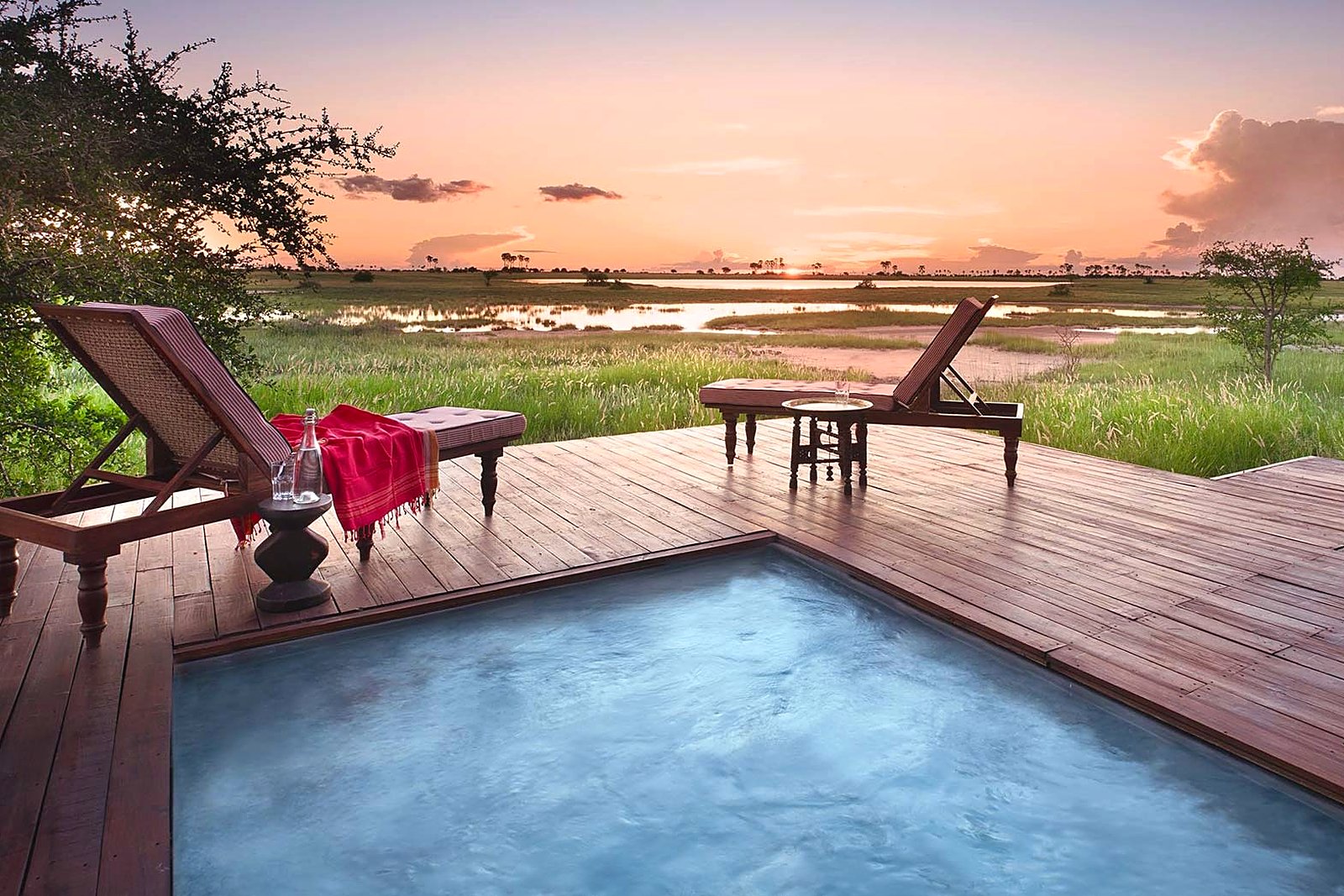 The camp deck at Jack's Camp facing the vast white salt pans of the Makgadikgadi, Botswana