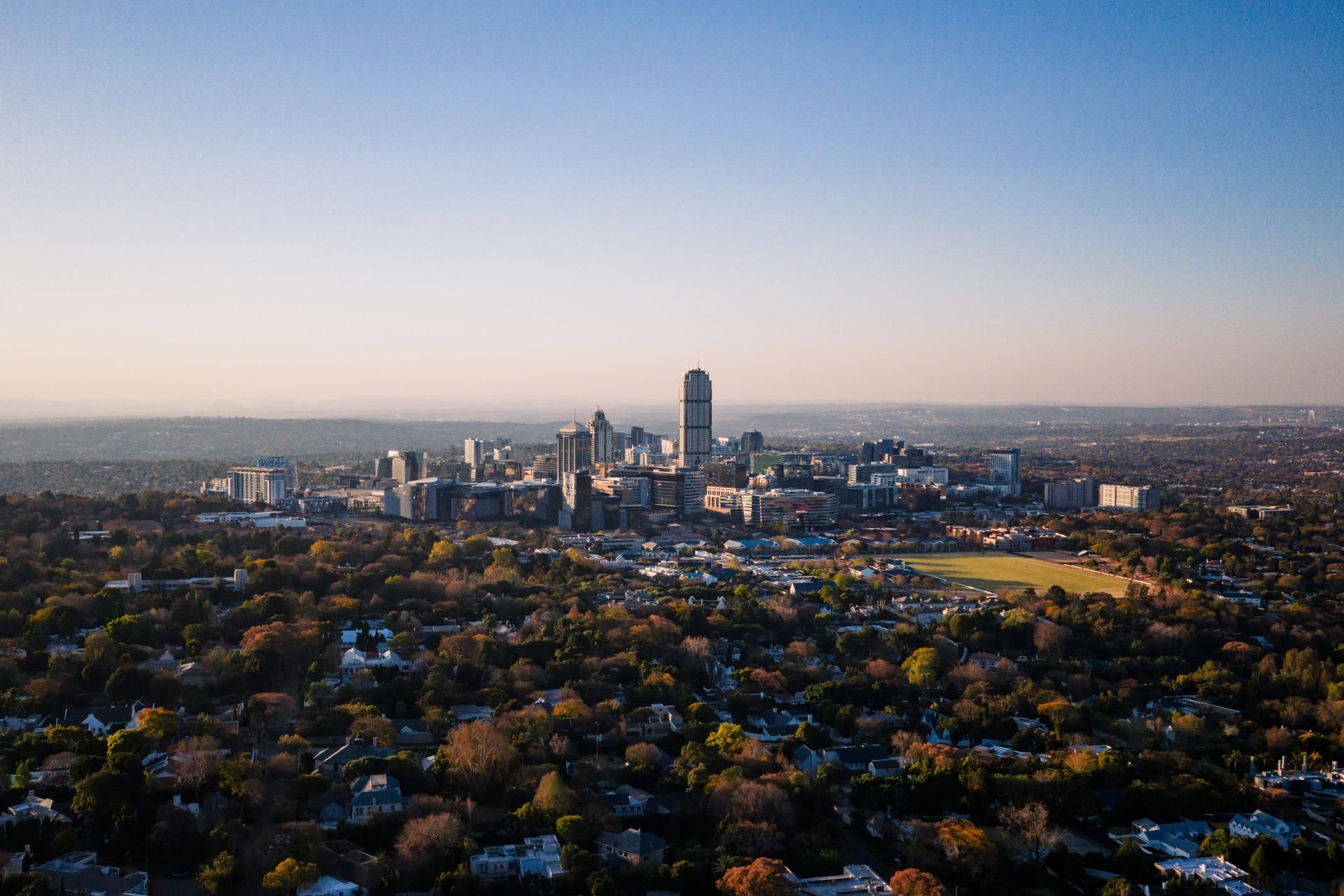 The Sandton business district skyline of Johannesburg seen from the air by day