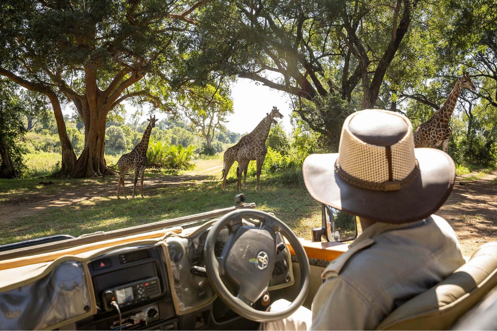 An open 4x4 game-drive vehicle on a bush track at dawn with a ranger and tracker at Karongwe Private Game Reserve