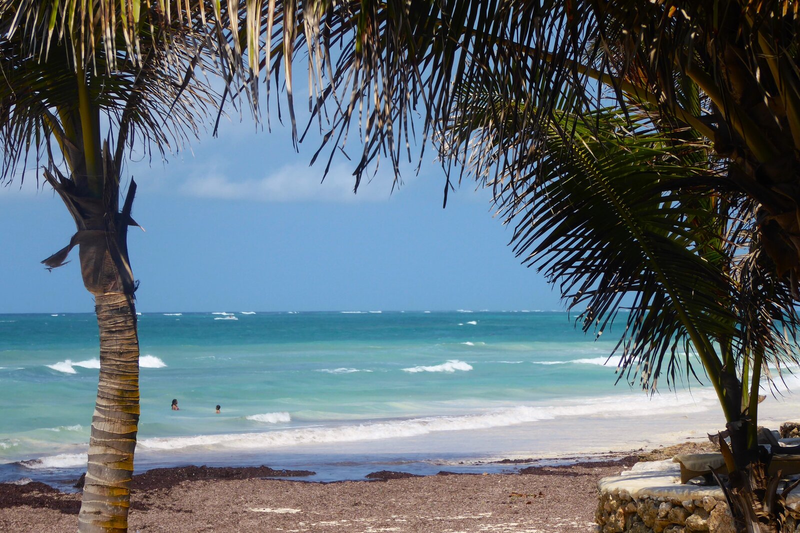 Palm-fringed white sand and turquoise water at Diani Beach