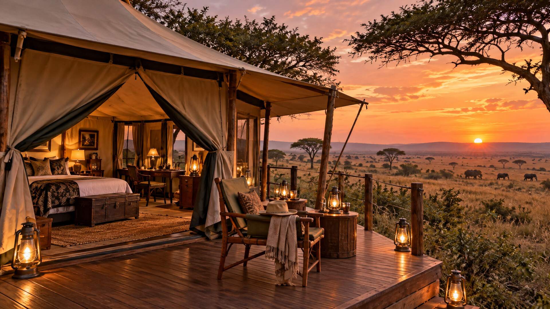Luxury tented camp in the Masai Mara at sunset