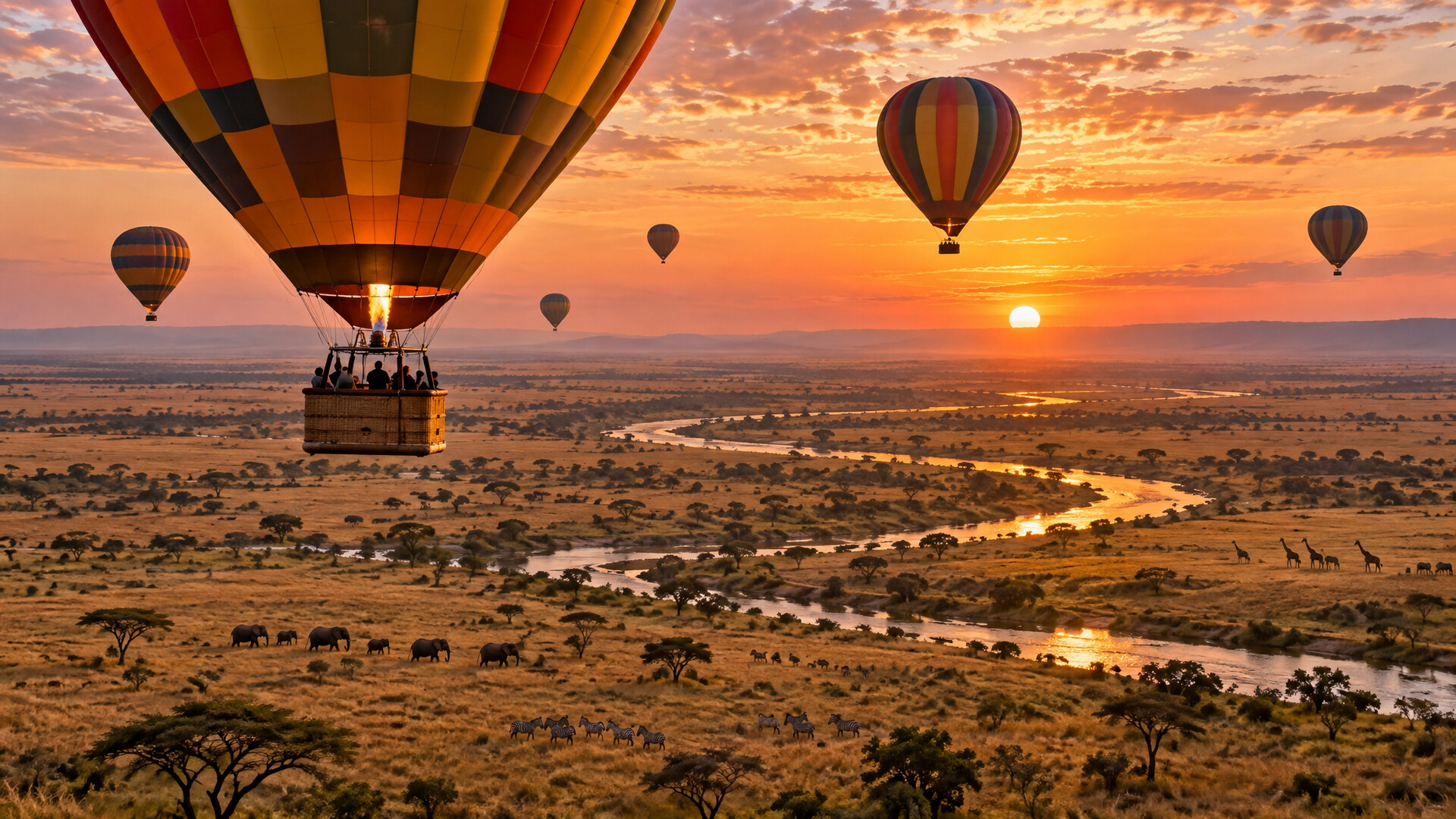 Hot air balloon over the Masai Mara plains at sunrise