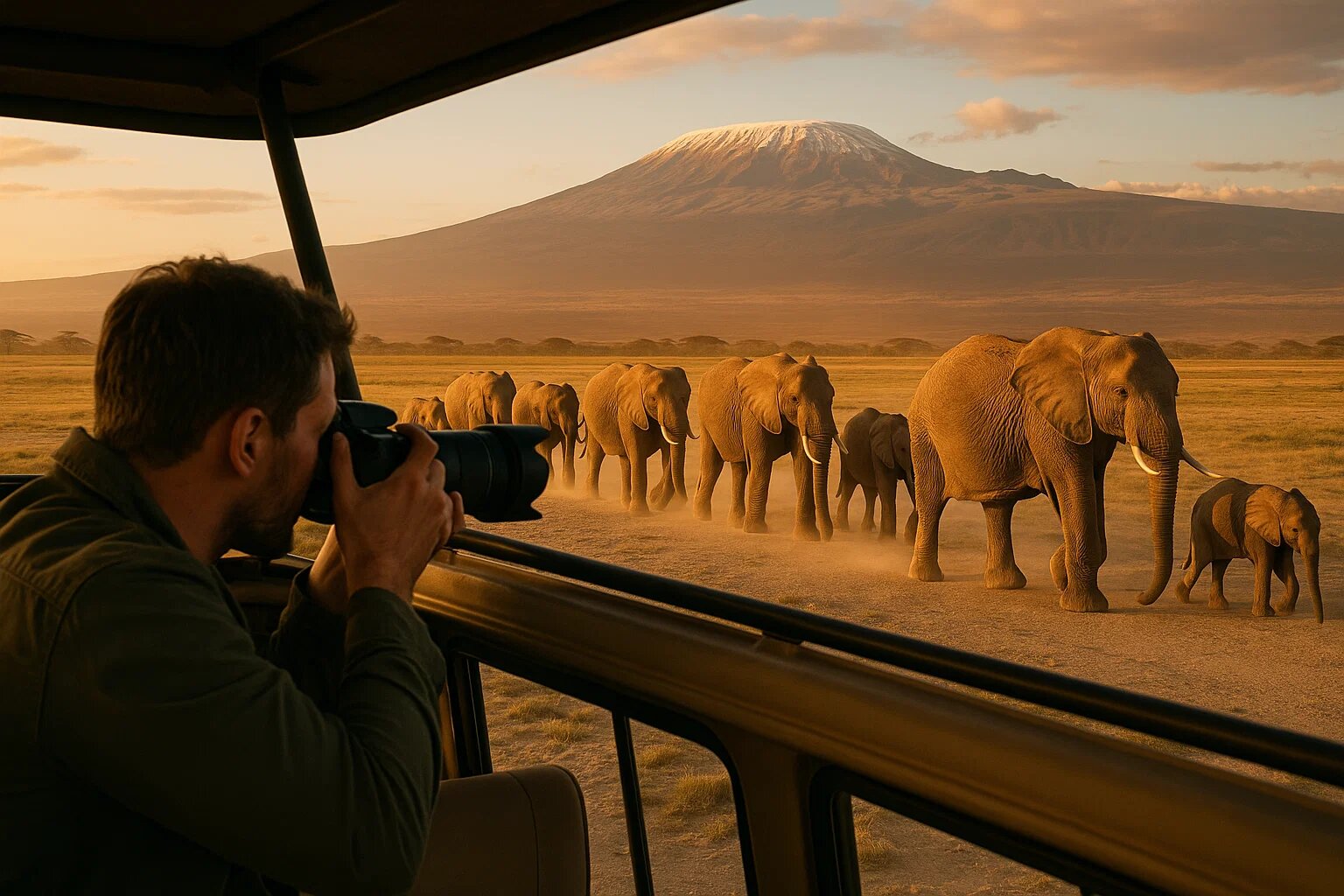 A photographer captures an elephant herd beneath Kilimanjaro in Amboseli, Kenya