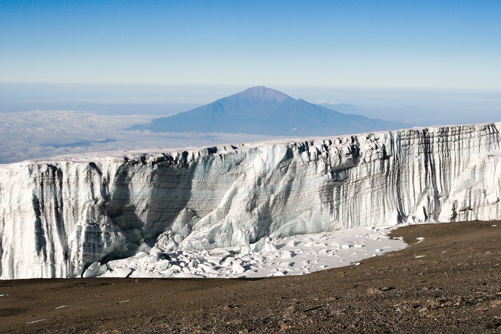 Glaciers near Uhuru Peak with Mount Meru in the distance from the summit of Kilimanjaro