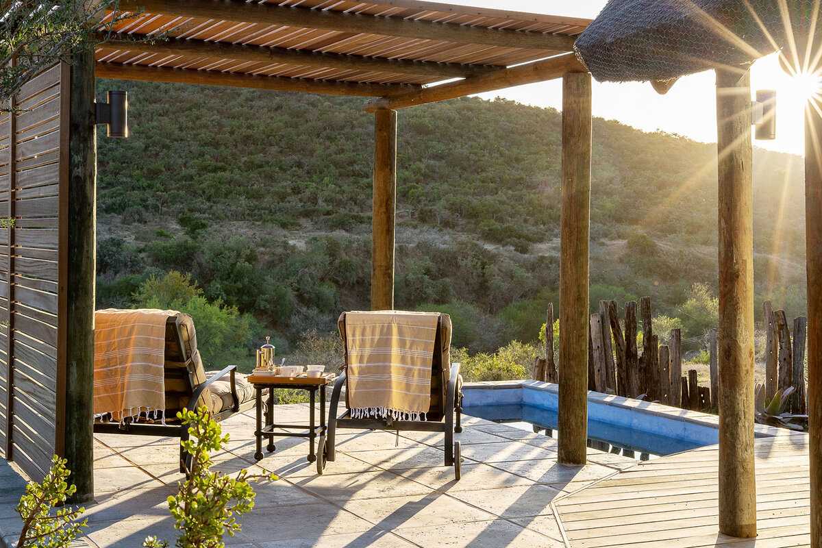 A private deck and plunge pool overlooking the valley at Great Fish River Lodge, Kwandwe