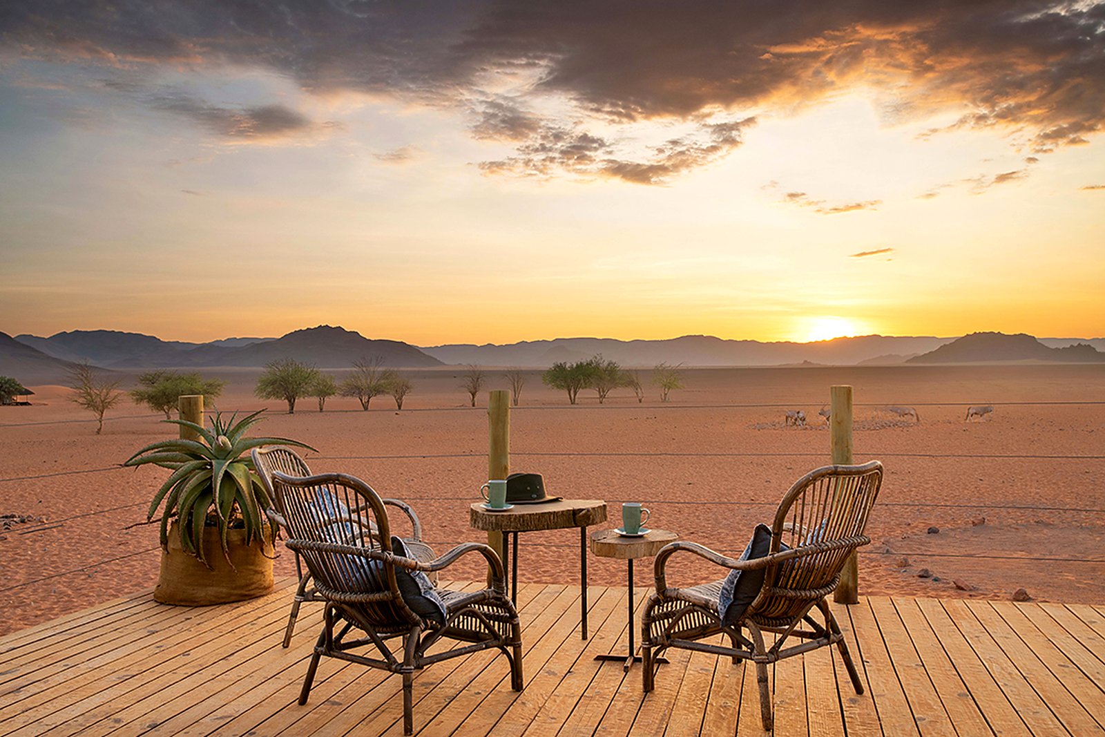 Sundowner chairs set out on the sand in the NamibRand at Kwessi Dunes