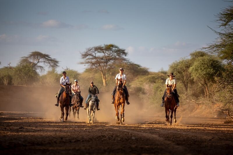 Guests riding horses among wildlife on the Laikipia Plateau