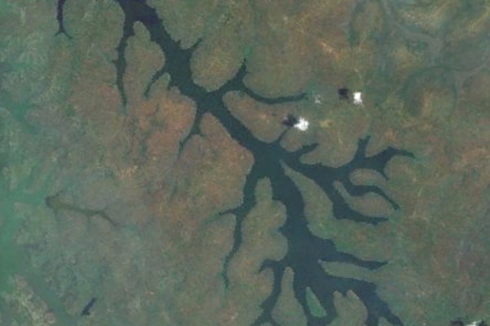 Aerial view of Lake Cohoha crater lake branching water