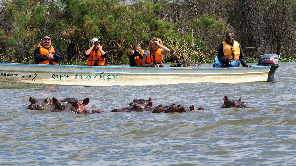 A boat safari on freshwater Lake Naivasha in the Rift Valley