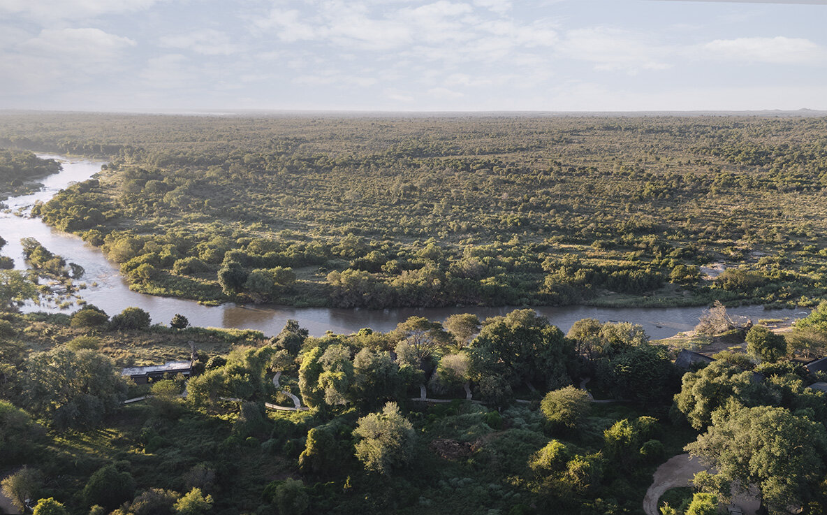 Aerial view of the Sabie River winding through the Lion Sands concession