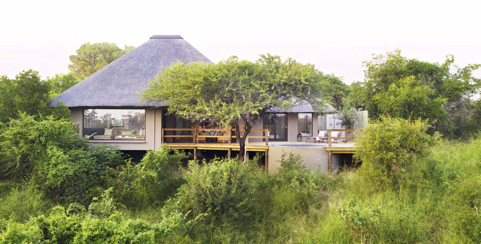 The thatched suites of Londolozi Pioneer Camp tucked into riverine bush