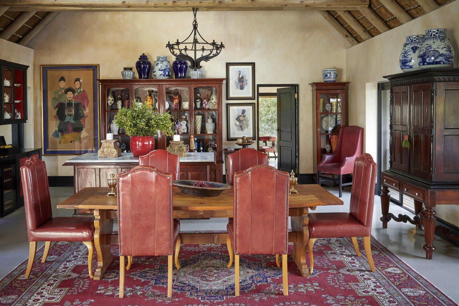 An elegant luxury safari lodge interior with fine furnishings