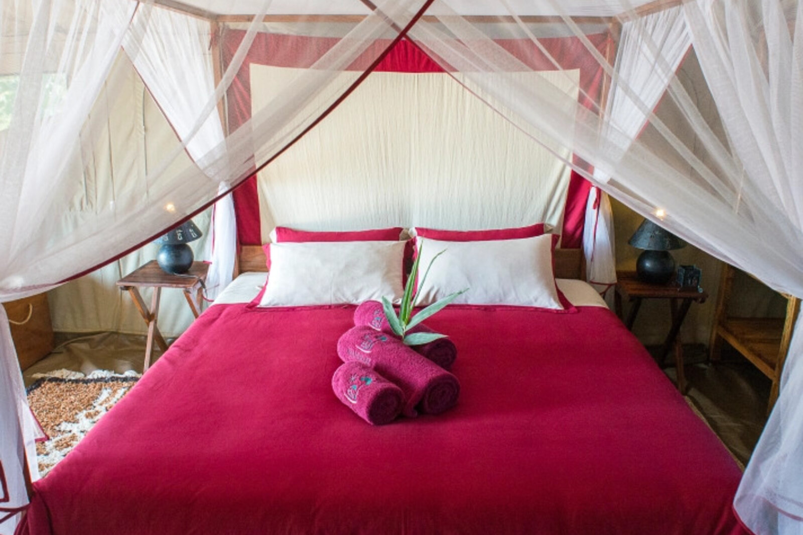 A four-poster tented suite interior at Mandrare River Camp in southern Madagascar