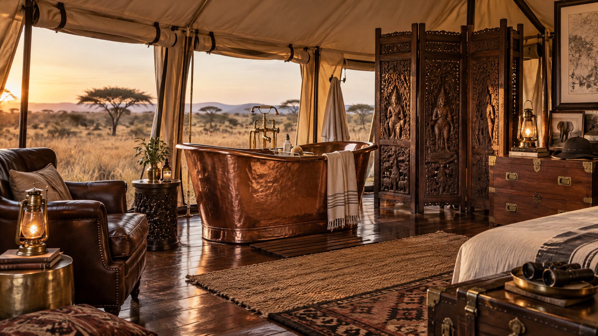 Mara Nyika Camp suite interior with copper bathtub and canvas walls under an acacia canopy
