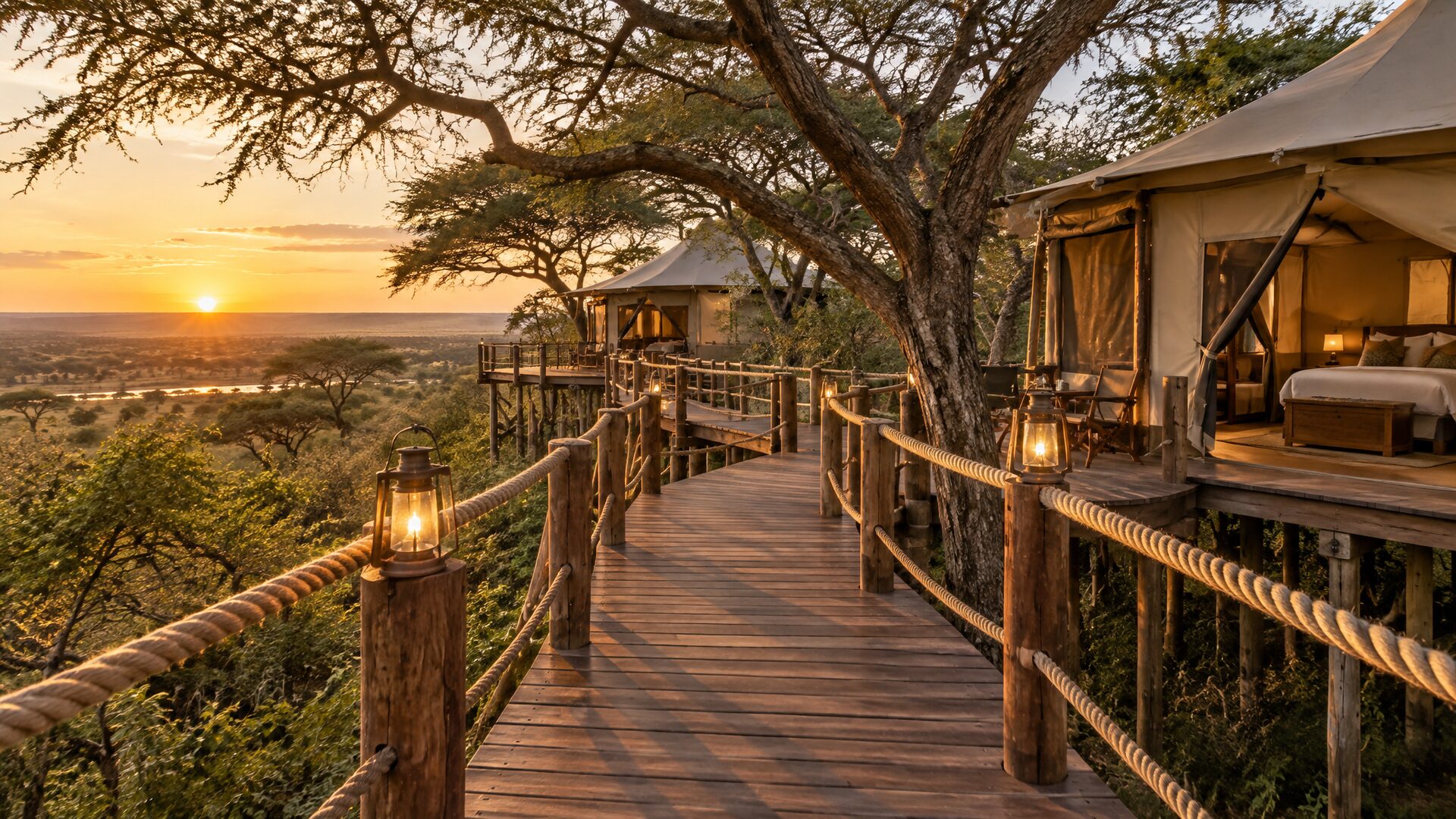 Raised wooden walkway linking the tented suites through the acacia canopy at Mara Nyika Camp