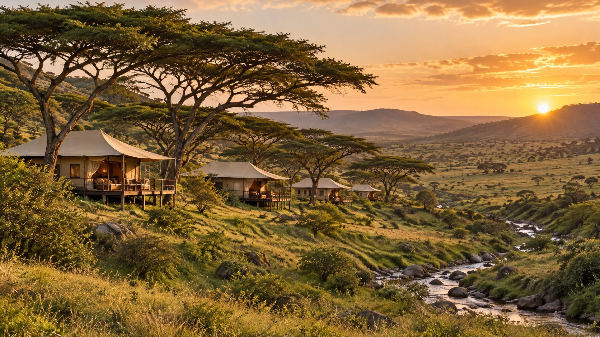 Tented suites shaded by Acacia kirkii umbrella-thorn trees in a seasonal stream valley at Mara Nyika