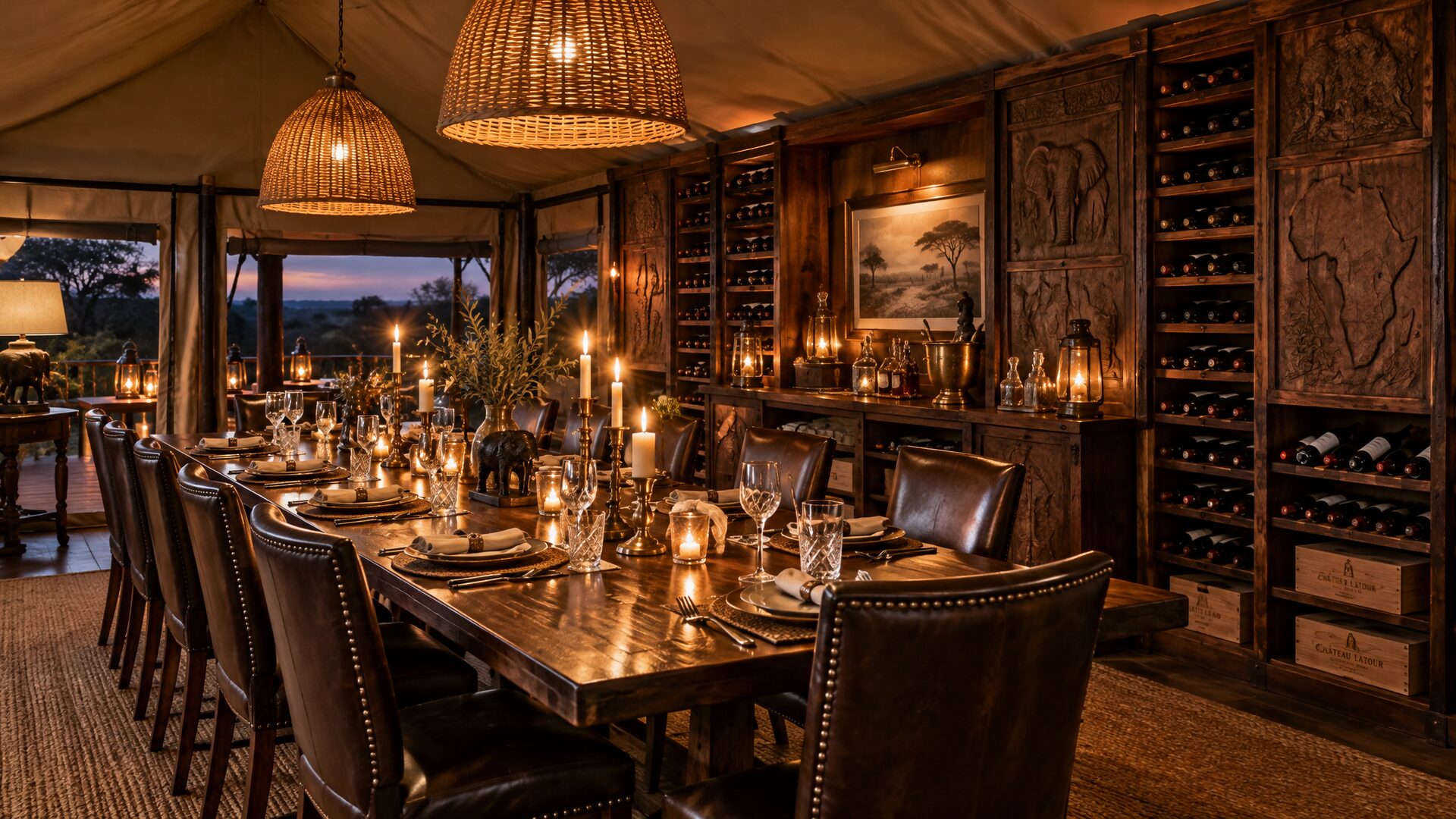 Wine cellar and dining area with dark leather and canvas at Mara Nyika Camp