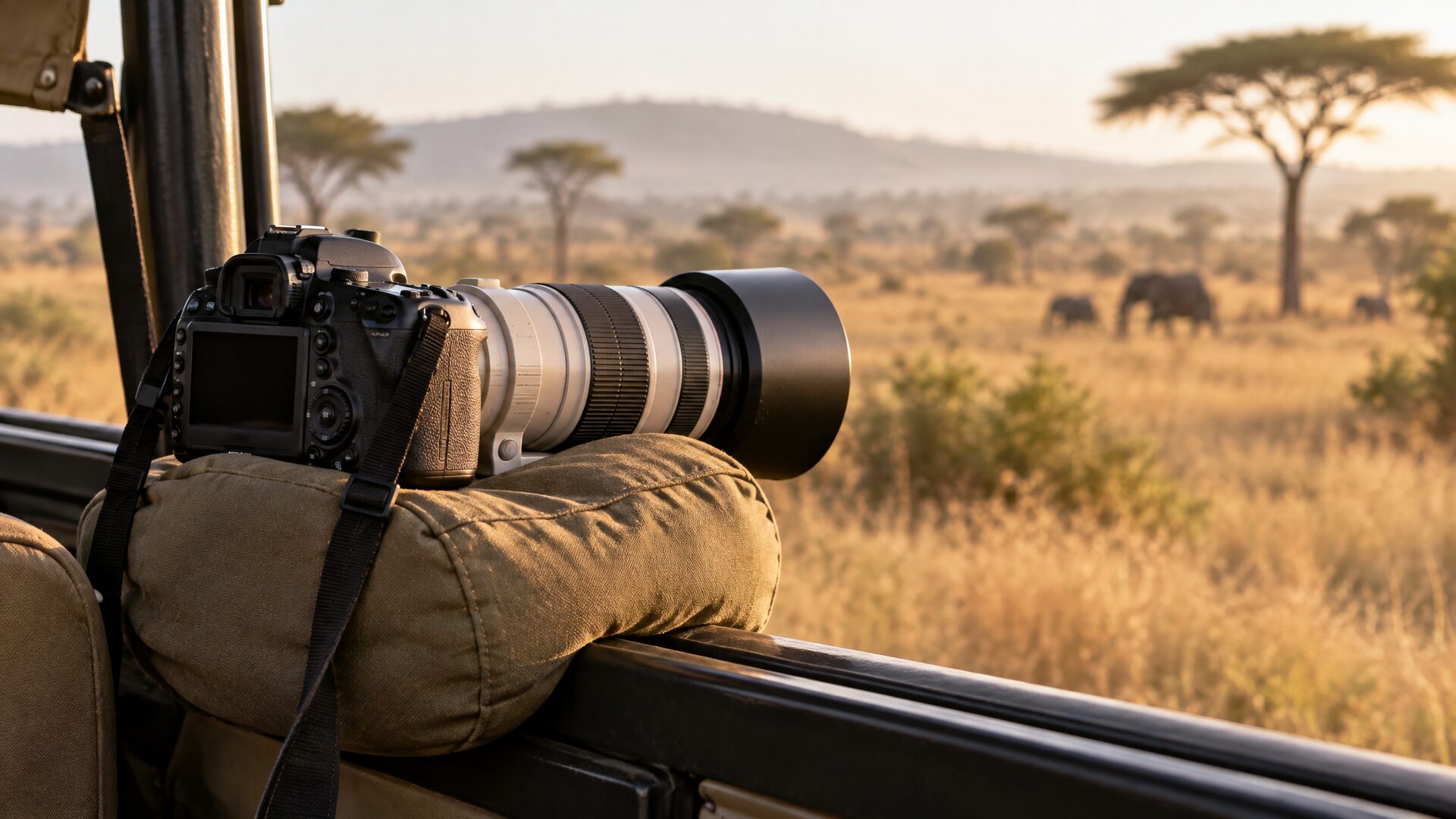 Canon 5D Mark IV camera with telephoto lens on a photography-optimised Land Cruiser at Mara Nyika Camp