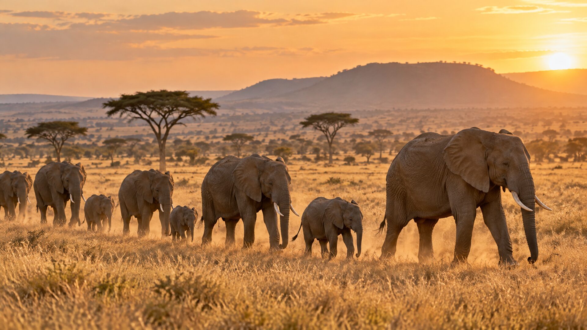 Elephant herd crossing the open grasslands of the Naboisho Conservancy near Mara Nyika Camp
