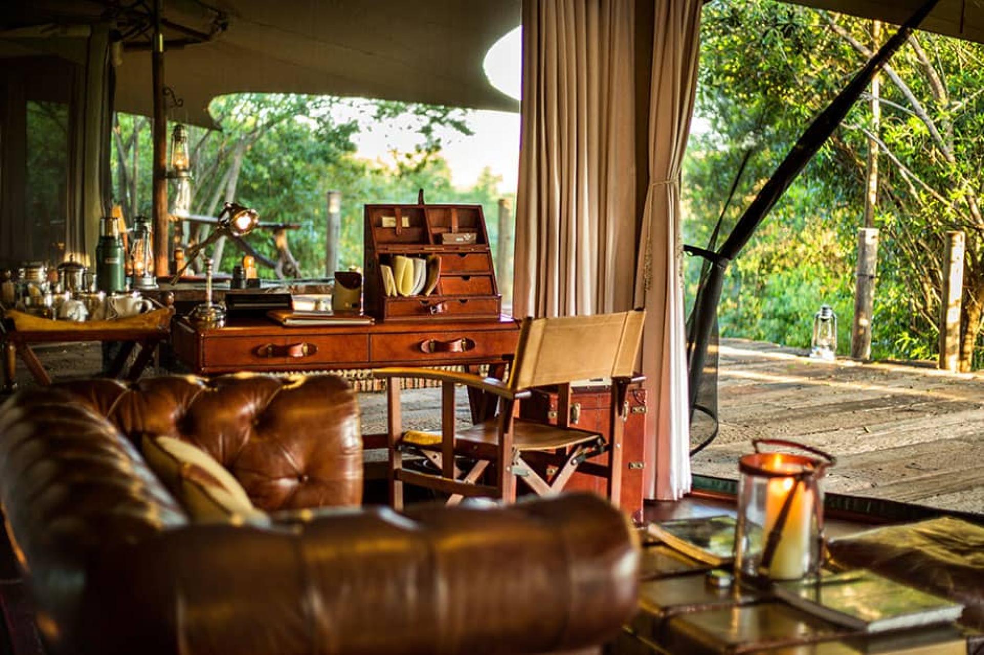 Lounge with Lamu antiques at Mara Plains Camp