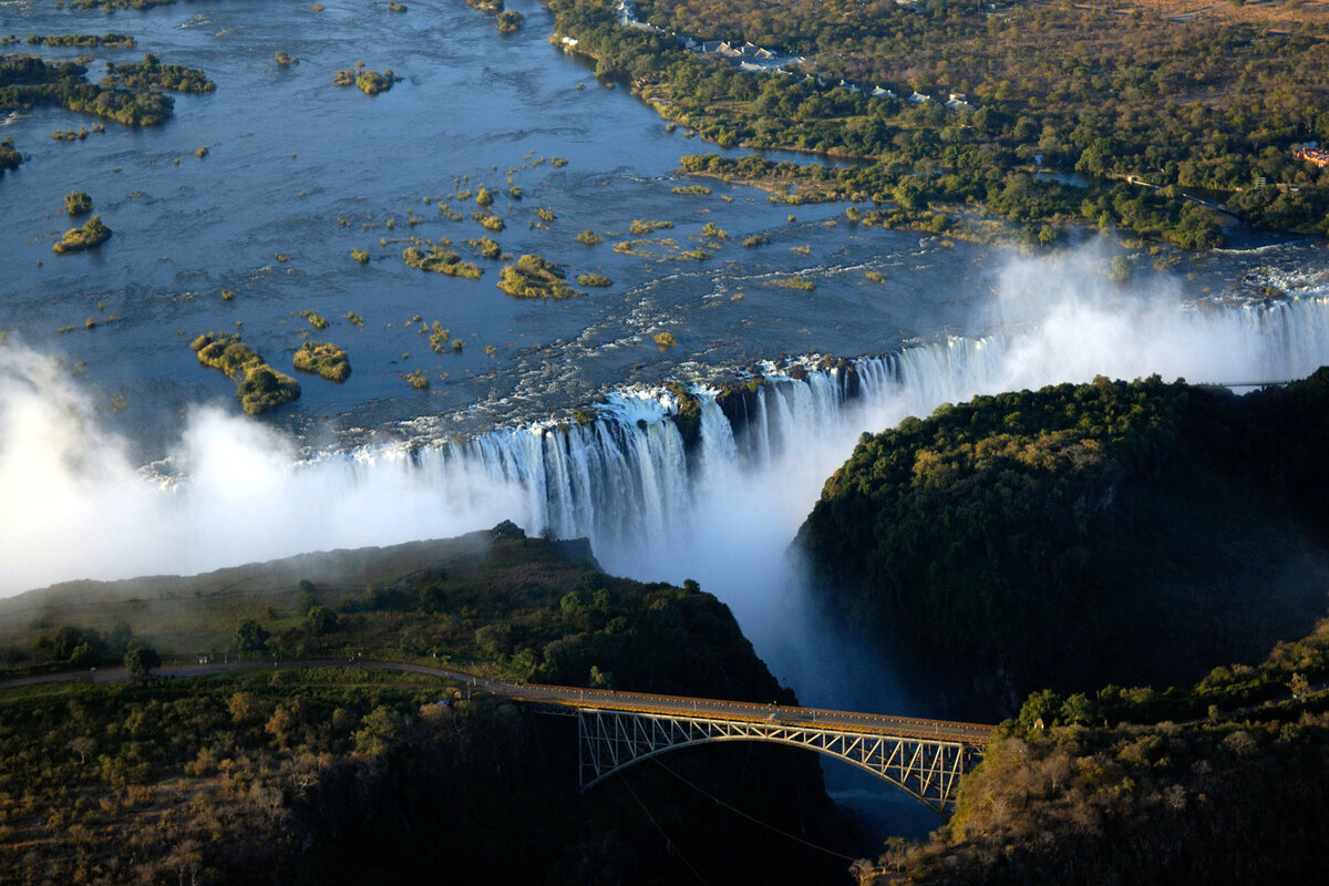 Aerial of Victoria Falls and the Victoria Falls Bridge