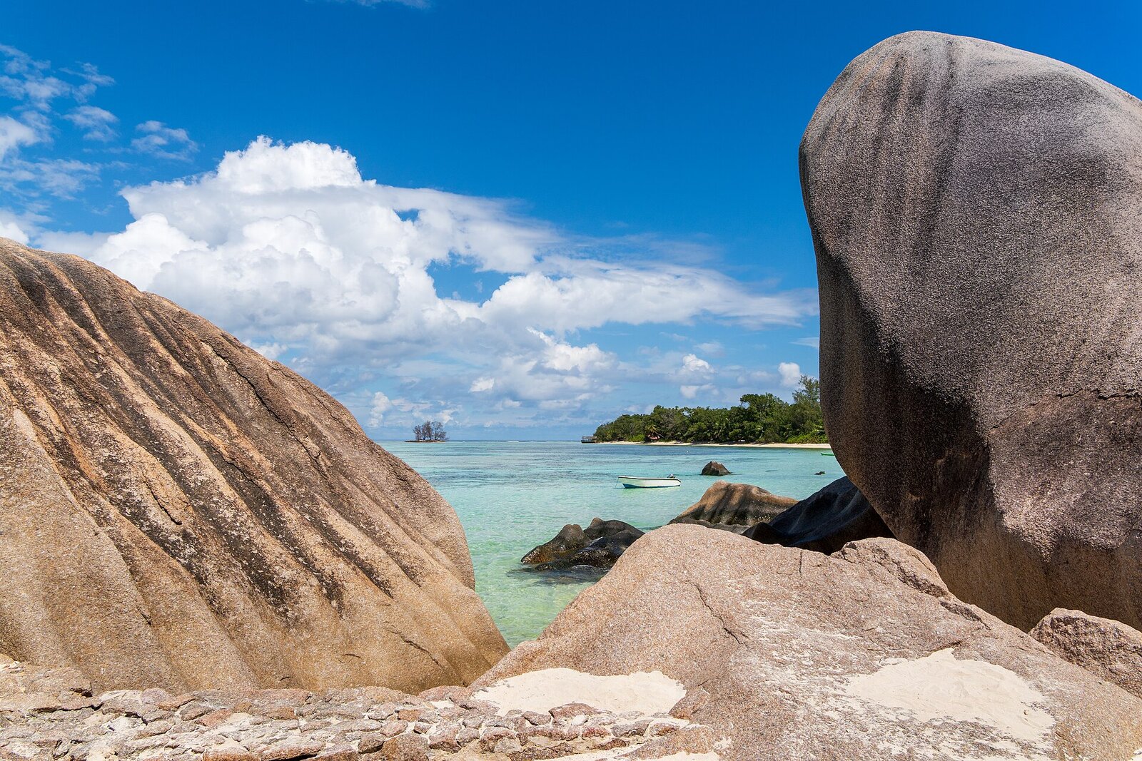 Anse Source d'Argent in the Seychelles with granite boulders and turquoise shallows