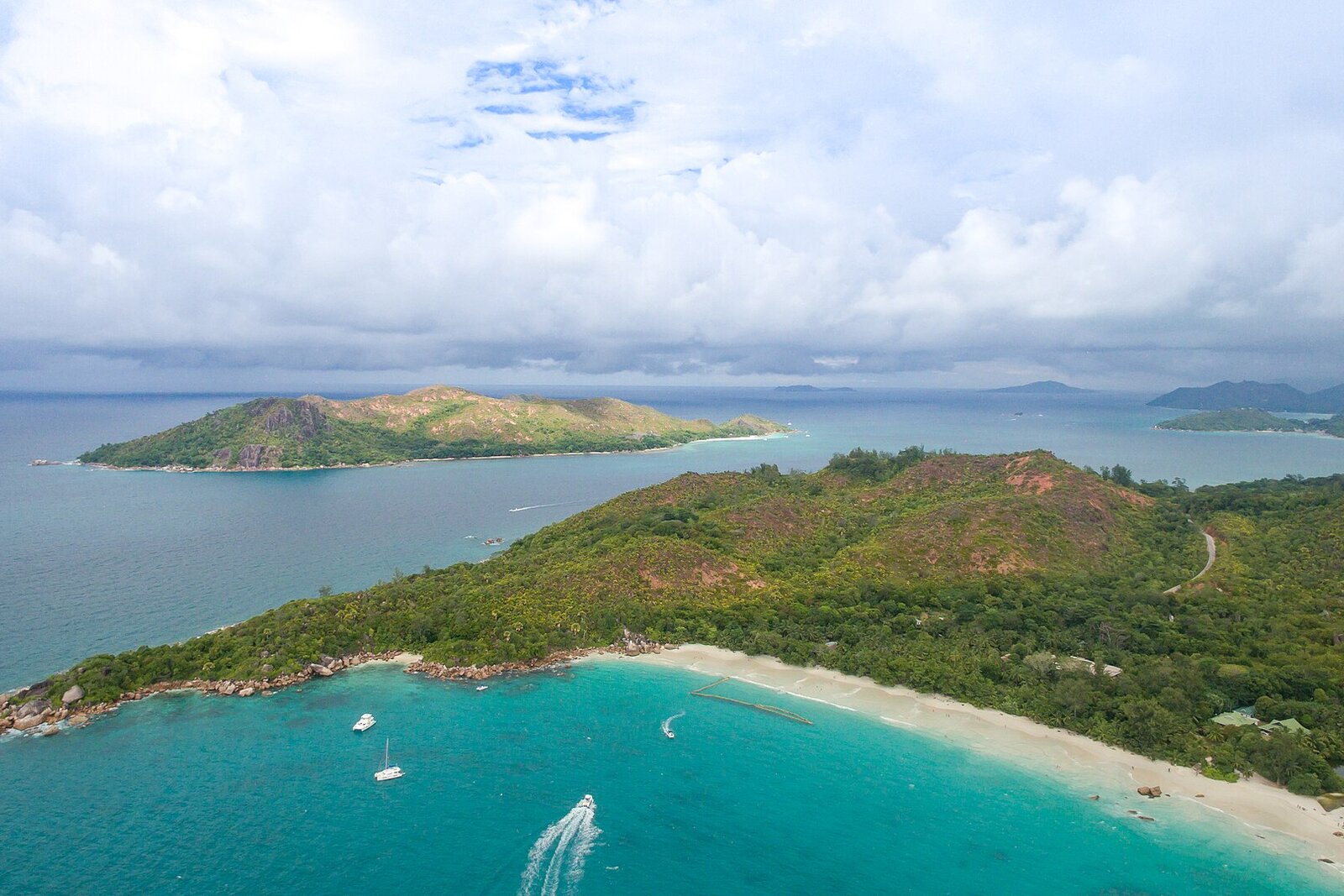 Aerial view of a Seychelles lagoon with turquoise water and scattered islands