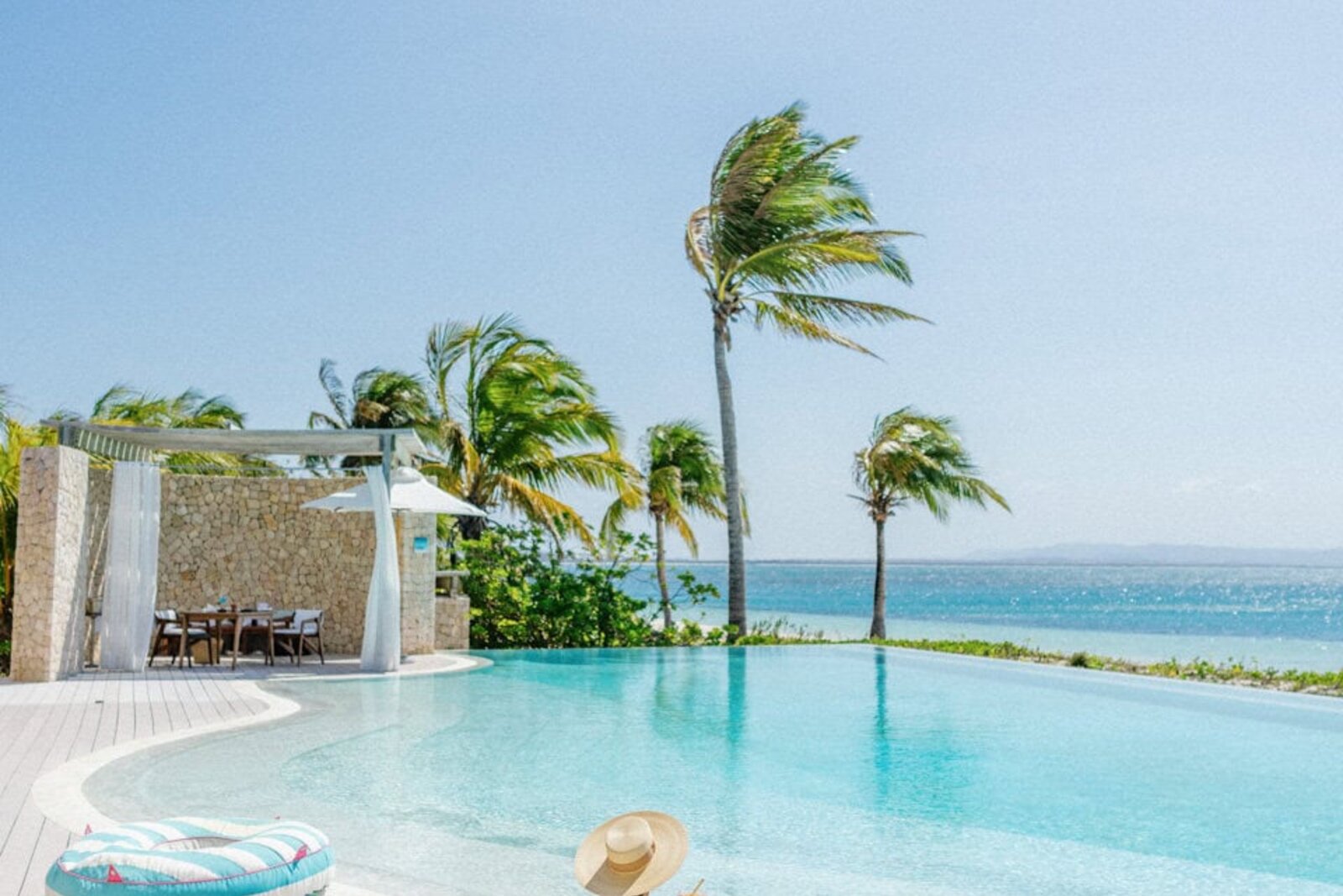 A pool and deck looking over the Indian Ocean at Miavana, Nosy Ankao, northern Madagascar