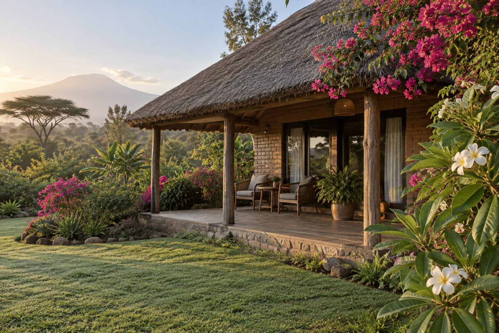 Thatched brick cottage with a veranda in the gardens at Moivaro Coffee Plantation Lodge, Arusha