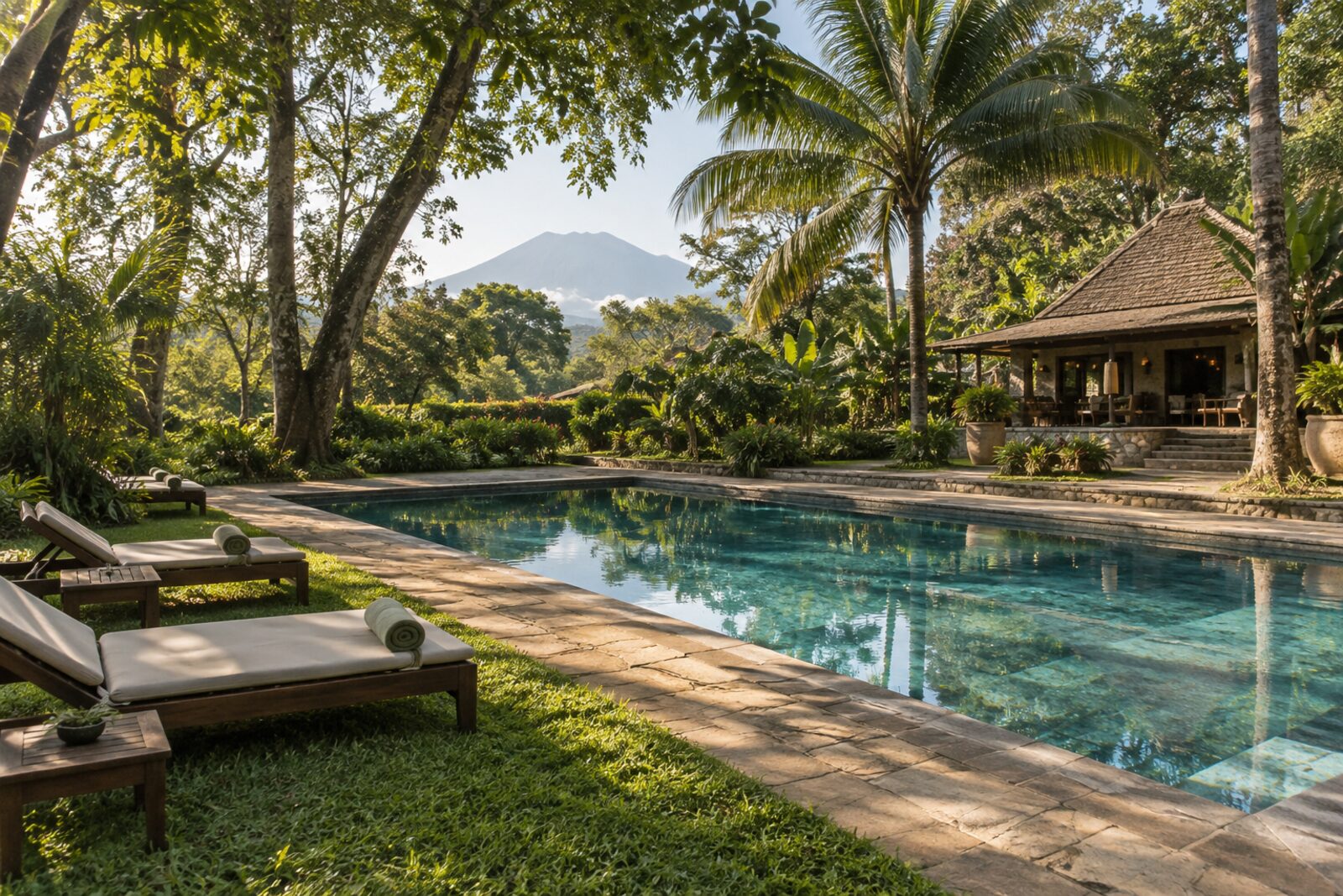 Swimming pool among tropical trees at Moivaro Coffee Plantation Lodge, Arusha