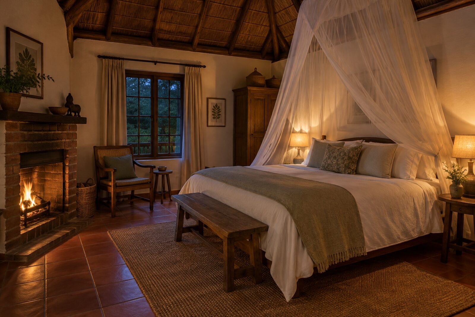 Cottage bedroom with mosquito net and fireplace at Moivaro Coffee Plantation Lodge, Arusha