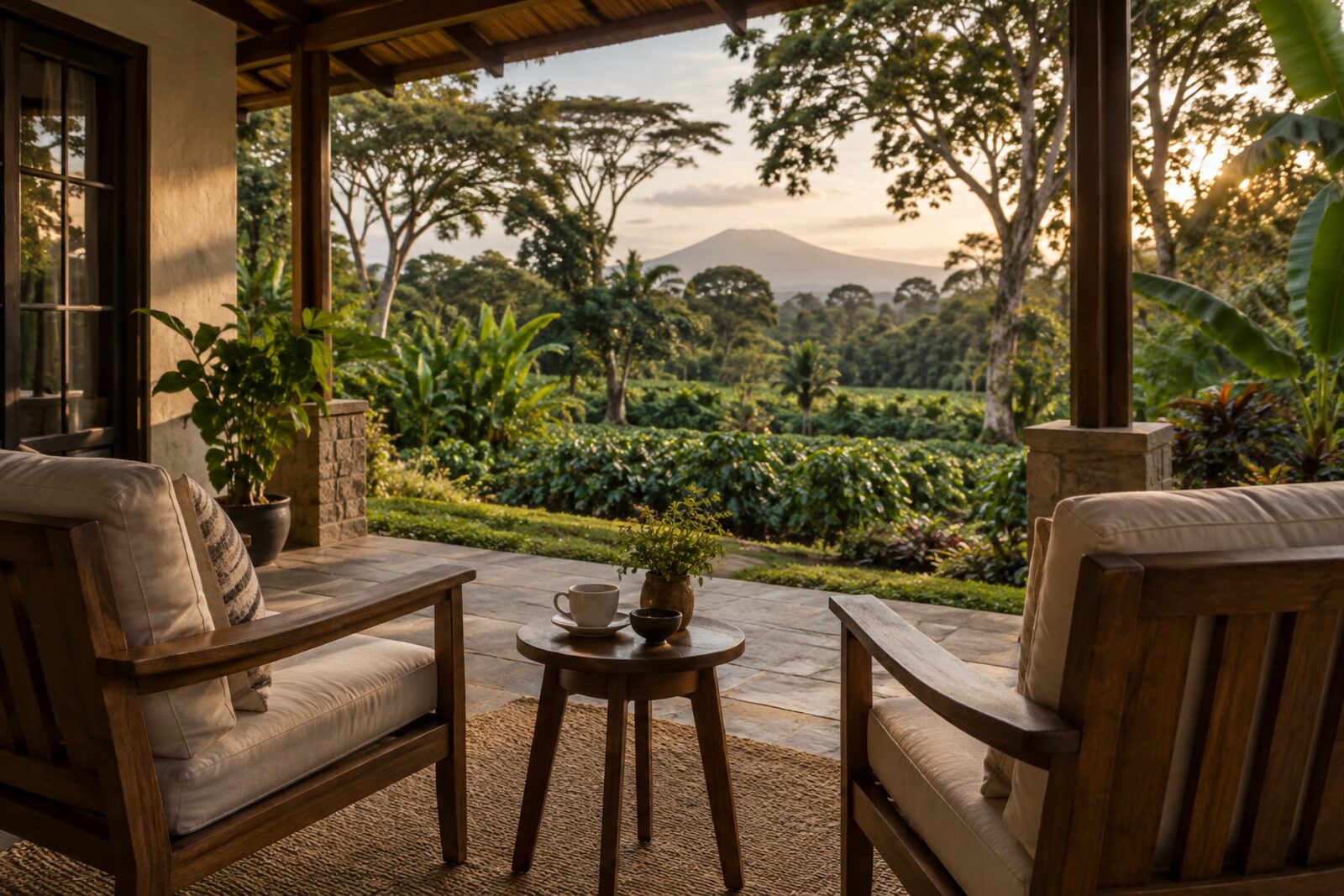 Armchairs on a cottage veranda overlooking the garden at Moivaro Coffee Plantation Lodge, Arusha