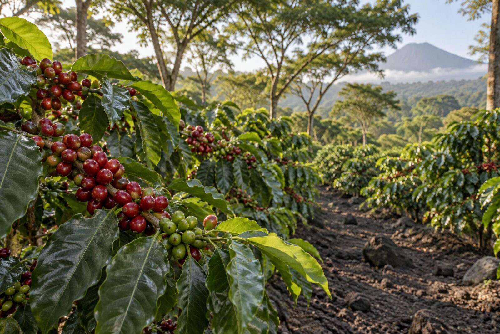 Rows of arabica coffee with red cherries on the working farm at Moivaro, Arusha