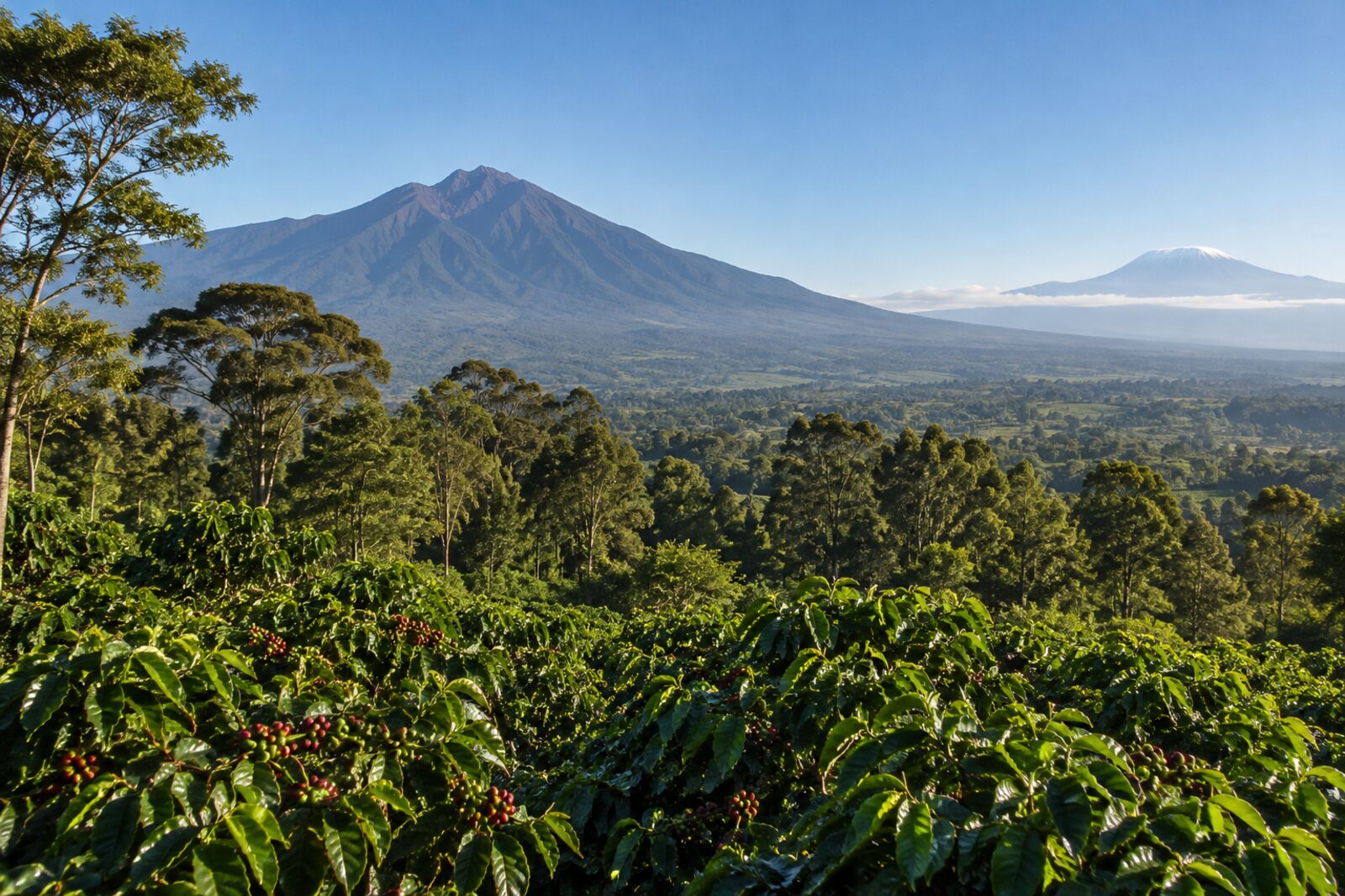 Mount Meru behind the gardens at Moivaro Coffee Plantation Lodge, with Kilimanjaro on the horizon