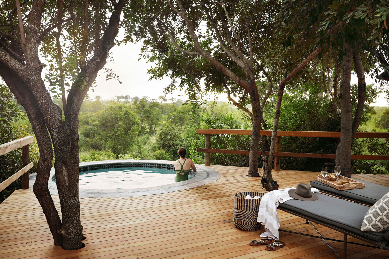 A private plunge pool and viewing deck at Londolozi Tree Camp on a romantic couples safari