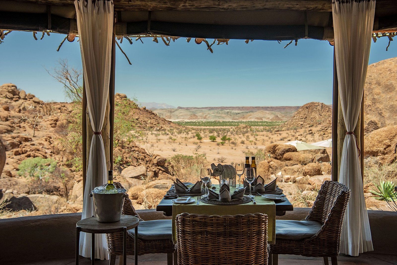 Boulder viewpoint sundowner deck at Mowani Mountain Camp overlooking Damaraland