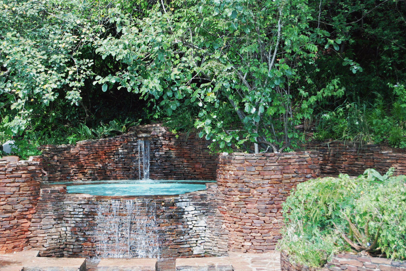 A safari lodge swimming pool with a fountain overlooking the bush