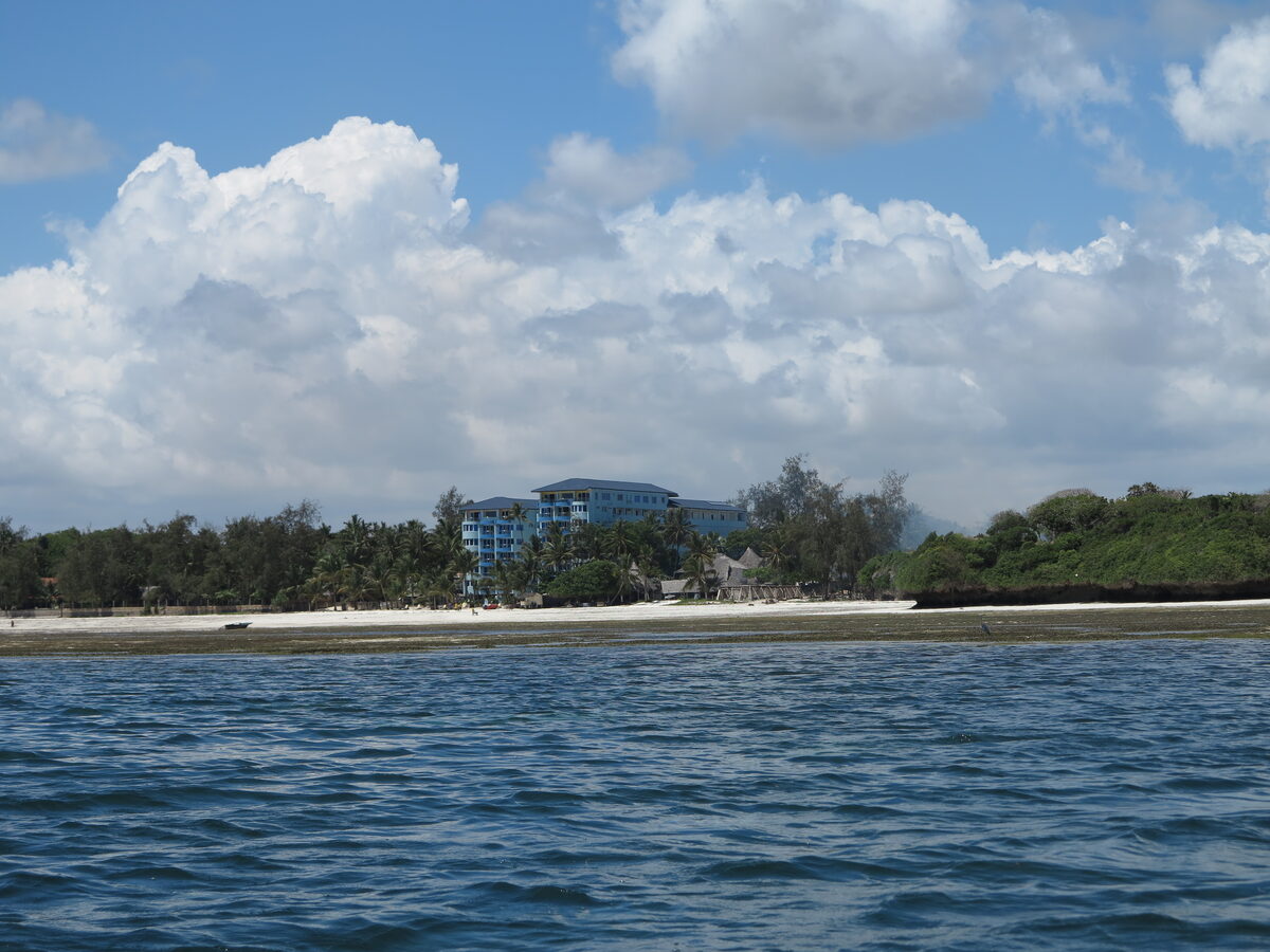 Bamburi Beach near Mombasa where Neptune Beach Resort sits among palm trees
