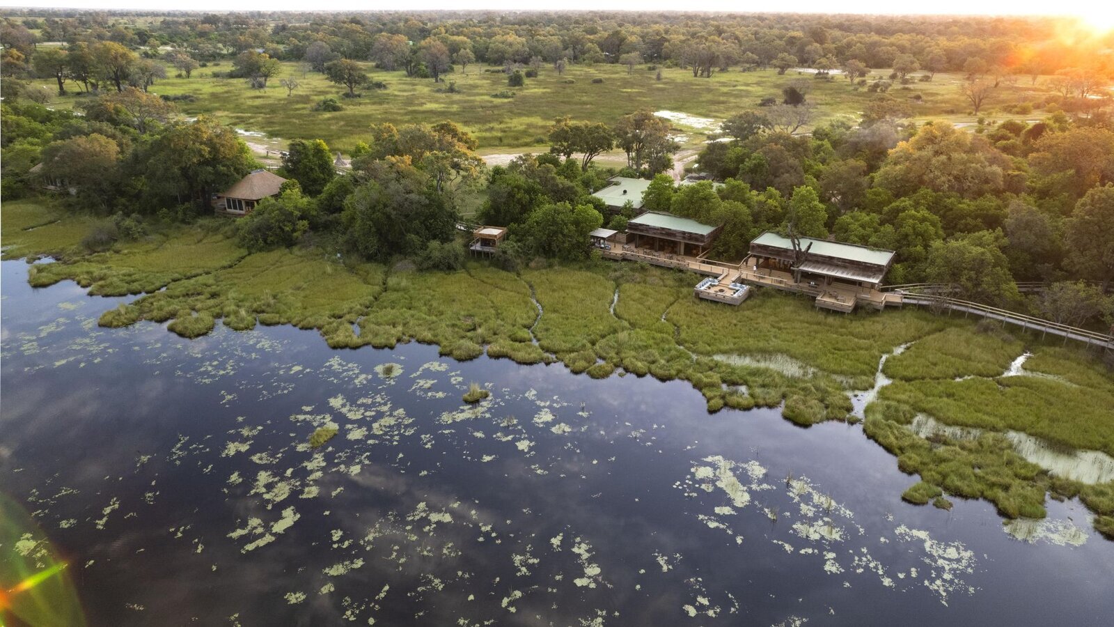 Contemporary luxury safari lodge deck in the Okavango Delta