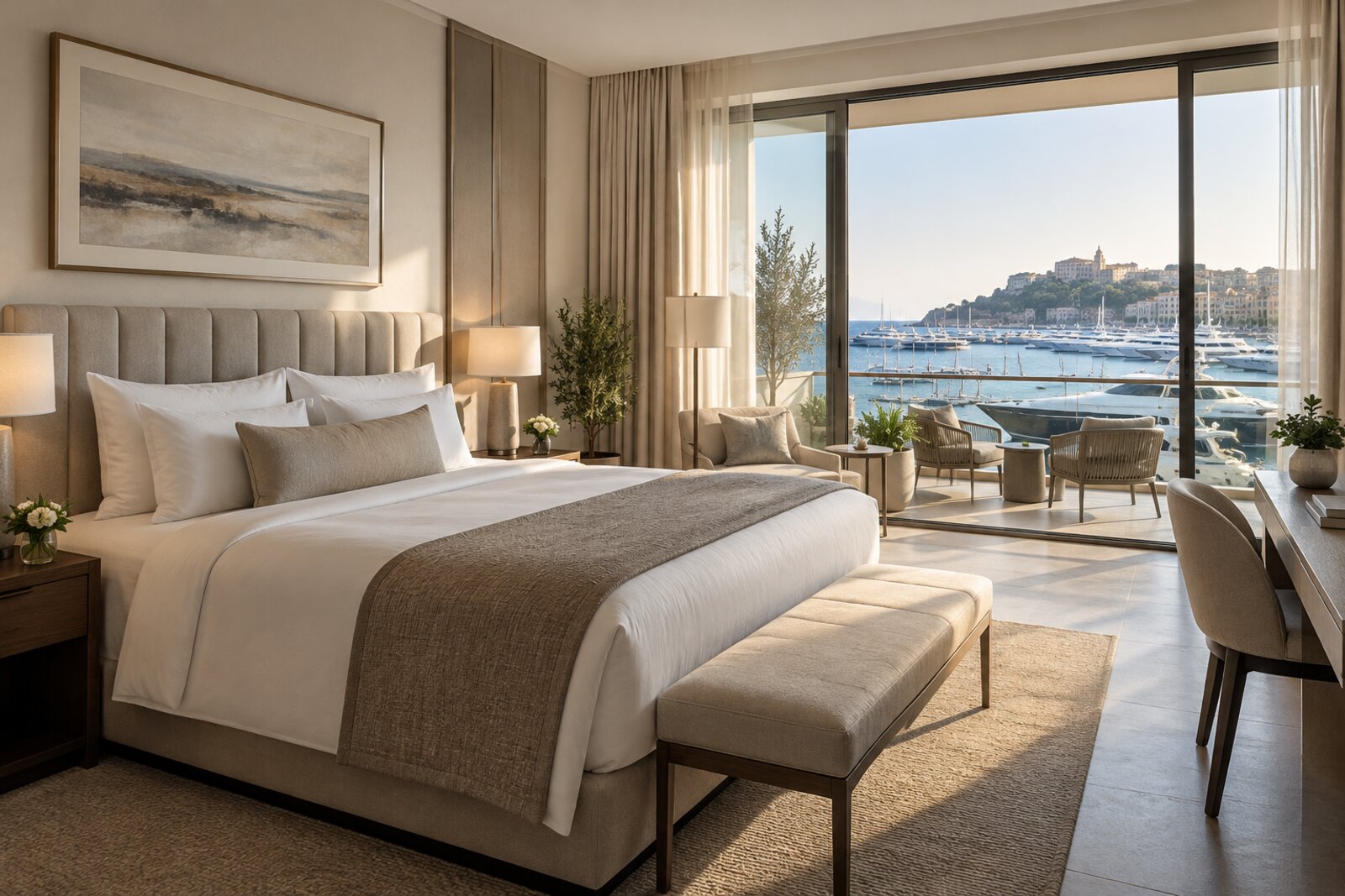 A marina-view room at One&Only Cape Town with a king bed and floor-to-ceiling glass opening onto a balcony over the harbour