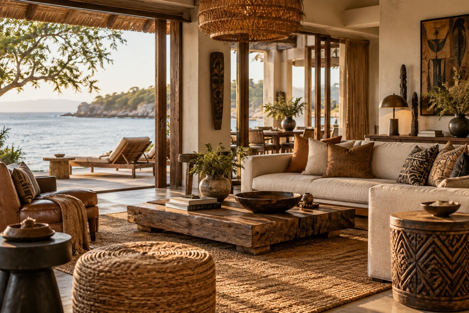 An island suite living area at One&Only Cape Town with contemporary African-influenced decor and windows to the water's edge