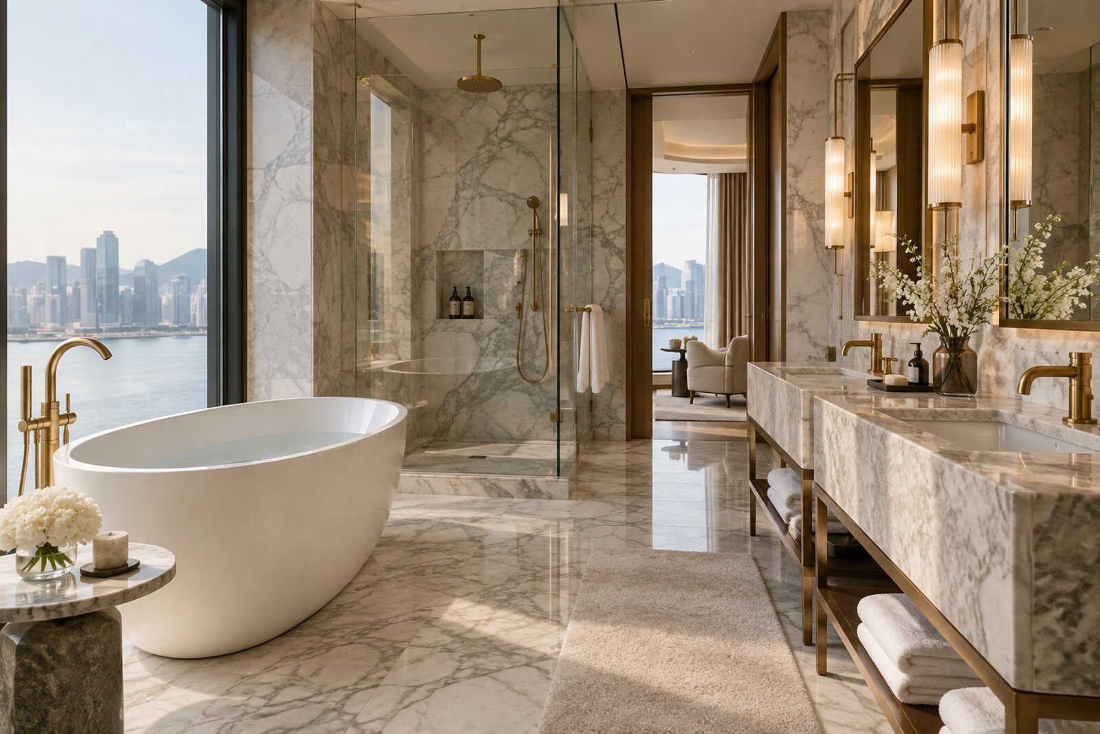 A marble bathroom with an egg-shaped soaking tub, dual vanities and a rain shower in a suite at One&Only Cape Town