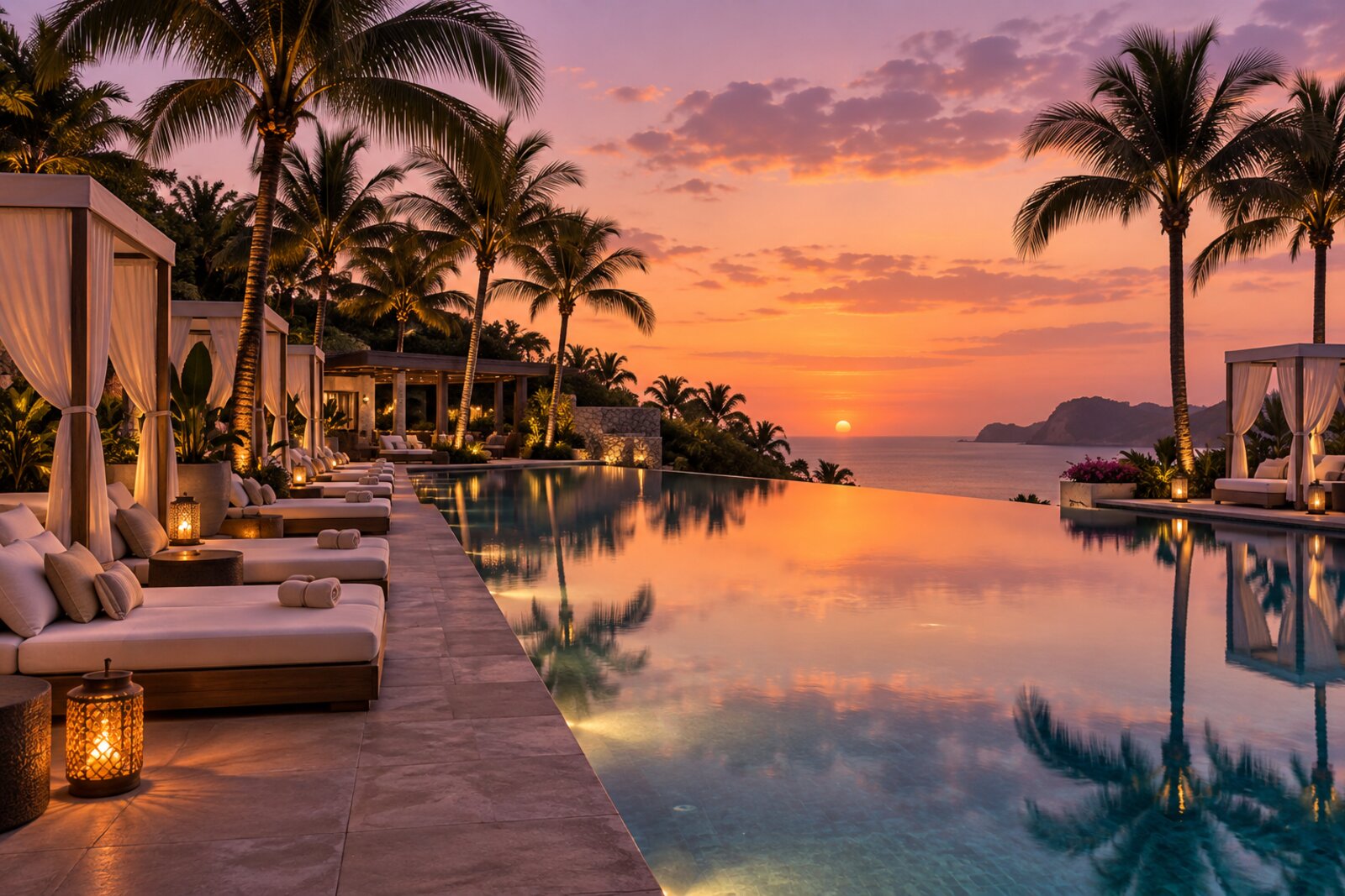 The palm-lined infinity pool at One&Only Cape Town at dusk, with sun loungers and cabanas reflected in still water