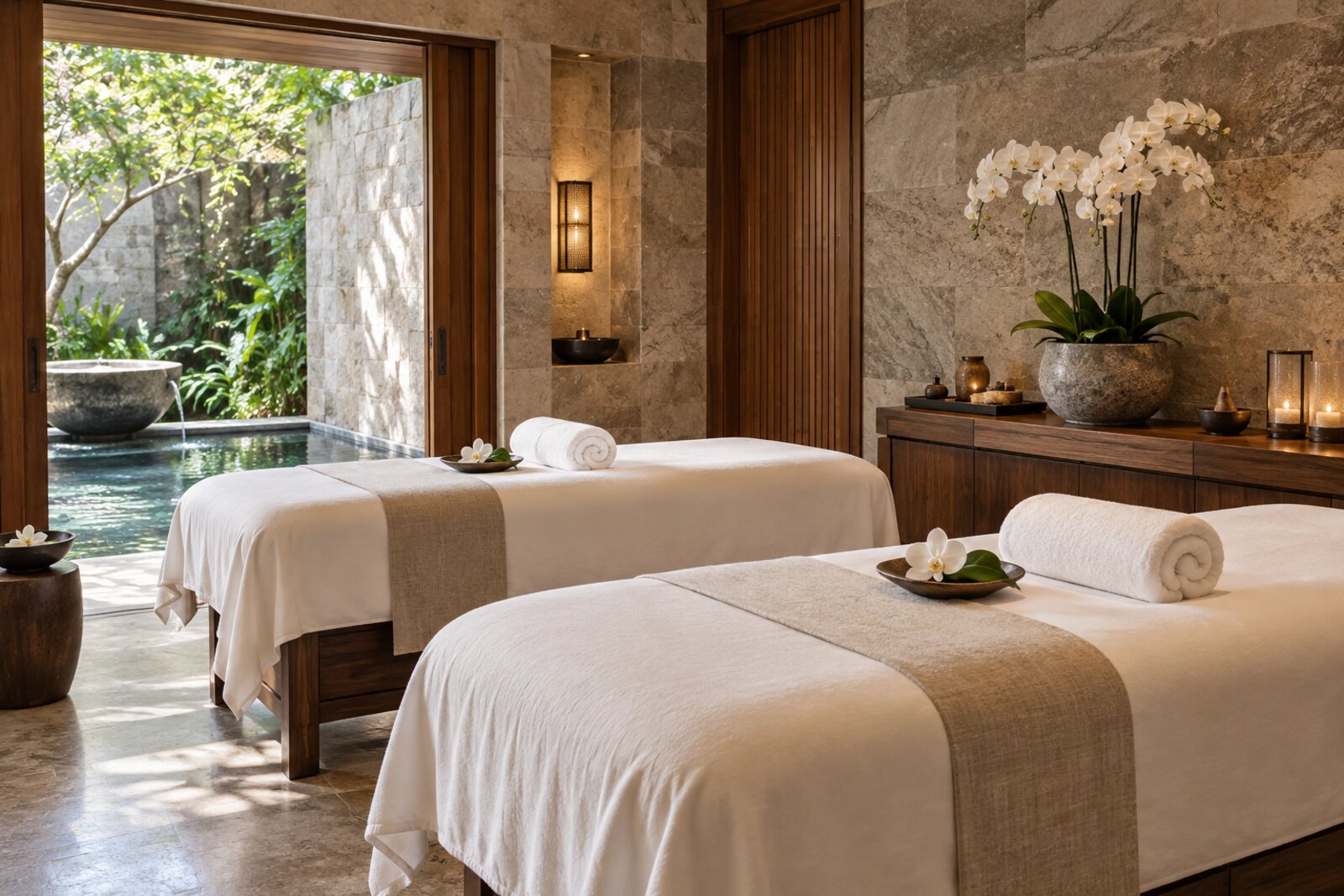 A calm treatment room at the One&Only Spa with two massage tables, soft light and stone and timber finishes