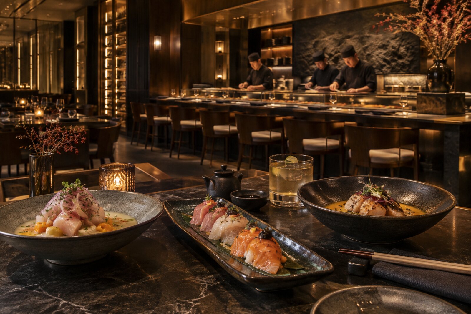 An elegant Japanese-Peruvian restaurant interior with a sushi counter and warm lighting, in the style of Nobu at One&Only Cape Town