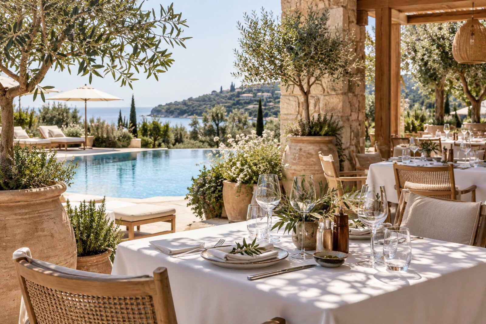 A poolside Mediterranean dining terrace with linen-set tables and greenery, in the style of Isola at One&Only Cape Town